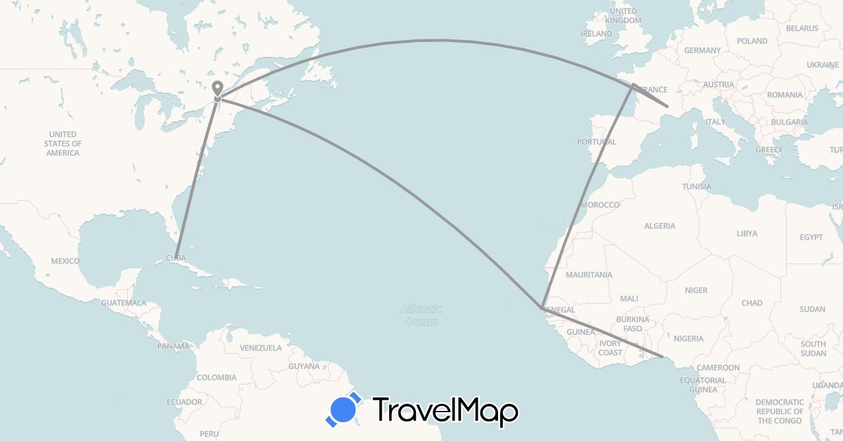 TravelMap itinerary: driving, plane in Canada, Cuba, France, Nigeria, Senegal (Africa, Europe, North America)